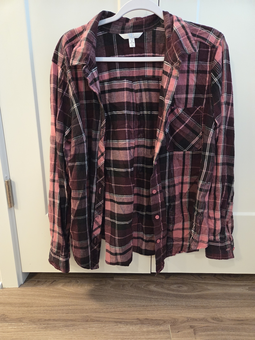 Time and Tru Plum, Pink, & Black Plaid Button-Up Cotton Long Sleeve Shirt